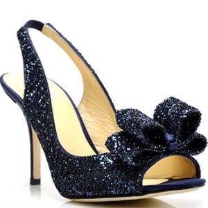 Kate Spade “Charm” Navy Blue Glitter Slingback Bow Peep Toe Pump Heels Size 7.5